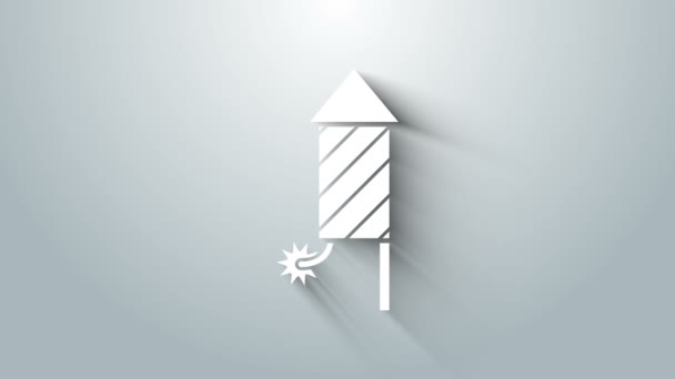 Icône fusée de feu d'artifice blanc isolé sur fond gris. Concept de fête amusante. symbole pyrotechnique explosif. Animation graphique de mouvement vidéo 4K — Video