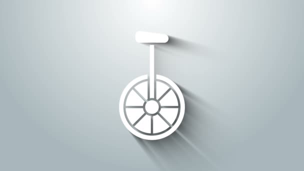 화이트 유니버스 자전거 (White Unicycle) 또는 바퀴 자전거 아이콘 하나는 회색 배경에 분리되어 있다. 모노 휠 자전거. 4K 비디오 모션 그래픽 애니메이션 — 비디오