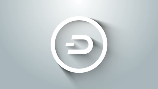 Vit Cryptocurrency mynt Dash ikon isolerad på grå bakgrund. Digital valuta. Altcoin-symbol. Blockkedjebaserad säker kryptovaluta. 4K Video motion grafisk animation — Stockvideo