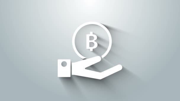 White Hand holding Bitcoin icon isolated on grey background. Blockchain technology, digital money market, cryptocoin wallet. 4K Video motion graphic animation — Stock Video