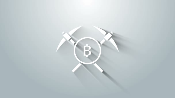 White Crossed pickaxe icoon geïsoleerd op grijze achtergrond. Blockchain technologie, cryptogeld mijnbouw, Bitcoin, altcoins, digitale geldmarkt. 4K Video motion grafische animatie — Stockvideo