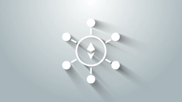 Biała technologia blockchain Ethereum ETH ikona izolowana na szarym tle. Abstrakcyjny geometryczny biznes technologii sieci blokowych. 4K Animacja graficzna ruchu wideo — Wideo stockowe