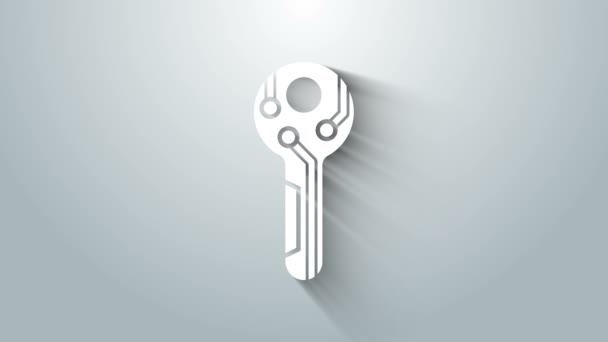 Bílá ikona klíče Cryptocurrency izolovaná na šedém pozadí. Koncept kybernetické bezpečnosti nebo soukromého klíče, digitální klíč s technologickým rozhraním. Grafická animace pohybu videa 4K — Stock video