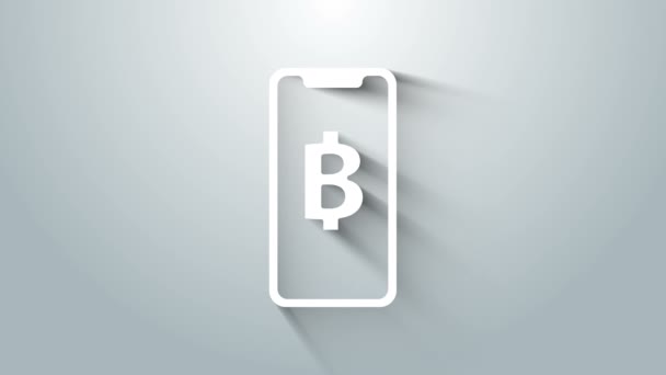 White Phone mobile and cryptocurrency coin Bitcoin icon isolated on grey background. Physical bit coin. Blockchain based secure crypto currency. 4K Video motion graphic animation — Stock Video