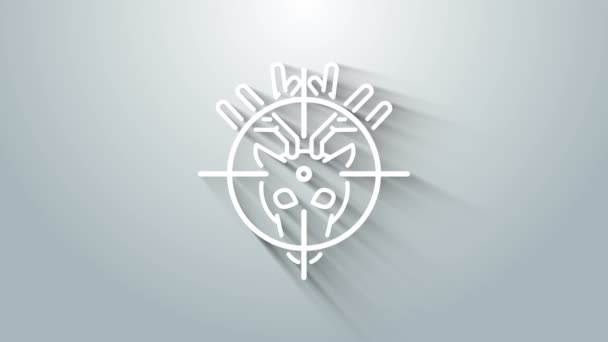 White Hunt na jelena s ikonou křížení izolované na šedém pozadí. Logo loveckého klubu s jelenem a terčem. Puška míří na jelena. Grafická animace pohybu videa 4K — Stock video