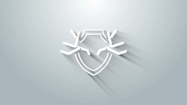 Vita rådjur horn på sköld ikon isolerad på grå bakgrund. Jakttrofé på väggen. 4K Video motion grafisk animation — Stockvideo