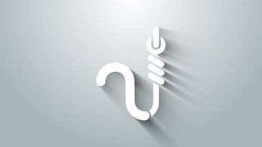 Beyaz balık oltası ve solucan ikonu gri arka planda izole edilmiş. Balık oltası. 4K Video hareketli grafik canlandırması