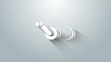 Gri arka planda izole edilmiş balık ikonu için beyaz dönen makara. Balık bobini. Balık oltası. 4K Video hareketli grafik canlandırması