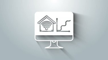 Gri arkaplanda kablosuz ağ ikonu olan akıllı bir evi olan beyaz bilgisayar monitörü. Uzaktan kumanda. 4K Video hareketli grafik canlandırması