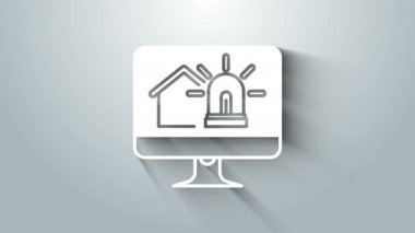 Akıllı ev ve alarm simgesine sahip beyaz bilgisayar monitörü gri arkaplanda izole edildi. Akıllı evin güvenlik sistemi. 4K Video hareketli grafik canlandırması