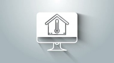 Beyaz Bilgisayar monitörü, gri arkaplanda izole edilmiş ev sıcaklığı simgesi var. Termometre simgesi. 4K Video hareketli grafik canlandırması