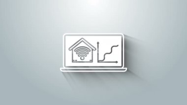 Gri arkaplanda kablosuz ağ ikonu olan akıllı eve sahip beyaz dizüstü bilgisayar. Uzaktan kumanda. 4K Video hareketli grafik canlandırması