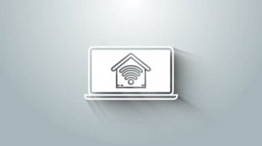 Gri arkaplanda kablosuz ağ ikonu olan akıllı eve sahip beyaz dizüstü bilgisayar. Uzaktan kumanda. 4K Video hareketli grafik canlandırması