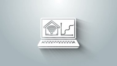 Gri arkaplanda kablosuz ağ ikonu olan akıllı eve sahip beyaz dizüstü bilgisayar. Uzaktan kumanda. 4K Video hareketli grafik canlandırması