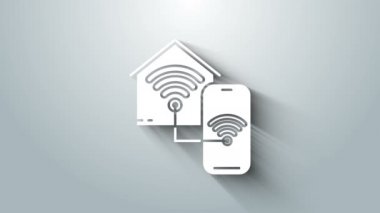 Gri arka planda kablosuz ağ ikonu olan White Smart evi. Uzaktan kumanda. 4K Video hareketli grafik canlandırması