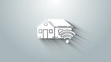Gri arka planda kablosuz ağ ikonu olan White Smart evi. Uzaktan kumanda. 4K Video hareketli grafik canlandırması