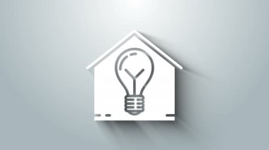 Beyaz Akıllı Ev ve Ampul ikonu gri arka planda izole edildi. 4K Video hareketli grafik canlandırması