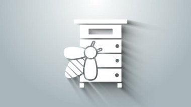 Beyaz Kovan, gri arka planda izole edilmiş arı simgesi. Arı kovanı sembolü. Apiary ve arı yetiştiriciliği. Tatlı doğal yemek. 4K Video hareketli grafik canlandırması