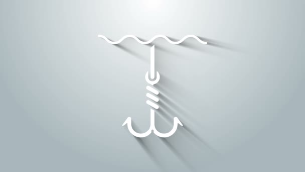 Bílý rybářský hák pod vodou ikona izolované na šedém pozadí. Rybářské náčiní. Grafická animace pohybu videa 4K — Stock video