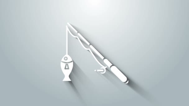 Weiße Angelrute und Fischsymbol isoliert auf grauem Hintergrund. Angelausrüstung und Fischzucht Themen. 4K Video Motion Grafik Animation — Stockvideo