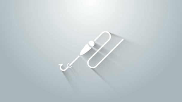 Weiße Angelschnur mit Haken und Schwimmersymbol isoliert auf grauem Hintergrund. Angeln. 4K Video Motion Grafik Animation — Stockvideo