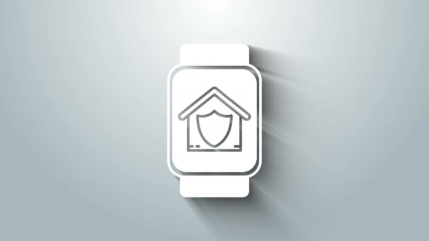 Vit Smart klocka med hus under skydd ikon isolerad på grå bakgrund. Skydd, säkerhet, skydd, försvarskoncept. 4K Video motion grafisk animation — Stockvideo