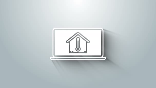 Laptop branco com ícone de temperatura da casa isolado no fundo cinza. Ícone do termómetro. Animação gráfica em movimento de vídeo 4K — Vídeo de Stock