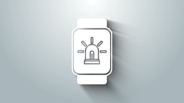 Relógio inteligente branco com casa inteligente e ícone de alarme isolado no fundo cinza. Sistema de segurança de casa inteligente. Animação gráfica em movimento de vídeo 4K — Vídeo de Stock
