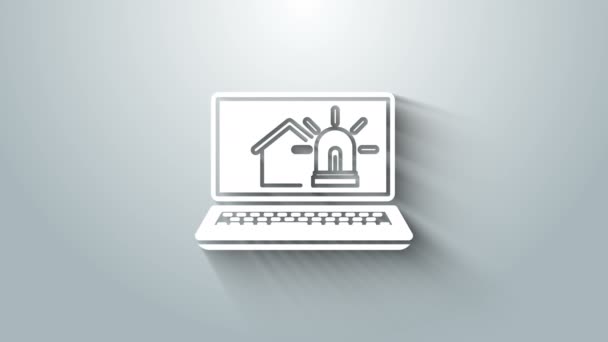 Biały laptop z inteligentnym domem i ikoną alarmu na szarym tle. System bezpieczeństwa inteligentnego domu. 4K Animacja graficzna ruchu wideo — Wideo stockowe