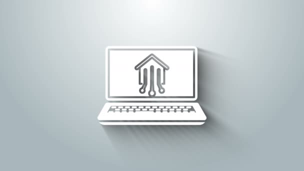 Vit bärbar dator med smart hem ikon isolerad på grå bakgrund. Fjärrkontroll. 4K Video motion grafisk animation — Stockvideo