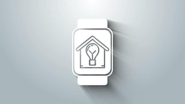 Reloj White Smart con casa inteligente y bombilla icono aislado sobre fondo gris. Animación gráfica de vídeo 4K — Vídeos de Stock