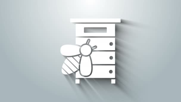 White Hive untuk ikon lebah yang diisolasi dengan latar belakang abu-abu. Simbol sarang lebah. Kebun binatang dan peternakan lebah. Makanan alami yang manis. Animasi grafis gerak Video 4K — Stok Video