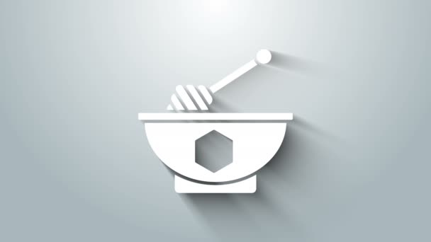 Mel branco vara dipper e ícone tigela isolado no fundo cinza. Concha de mel. Animação gráfica em movimento de vídeo 4K — Vídeo de Stock