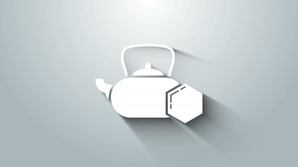 Ketel Teh Putih dengan ikon madu diisolasi dengan latar belakang abu-abu. Makanan alami yang manis. Animasi grafis gerak Video 4K — Stok Video