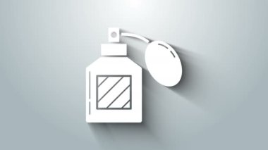 Gri arkaplanda beyaz tıraş losyonu ikonu var. Parfüm spreyi ikonu. Erkek parfüm şişesi. 4K Video hareketli grafik canlandırması