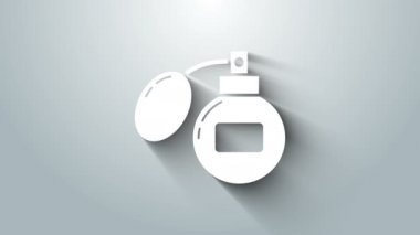 Gri arkaplanda beyaz tıraş losyonu ikonu var. Parfüm spreyi ikonu. Erkek parfüm şişesi. 4K Video hareketli grafik canlandırması