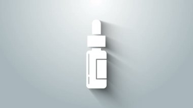 Pipetli beyaz cam şişe. Gri arkaplandaki ikonun içinde pipeti olan bir şişe. Tıbbi ve kozmetik ürünler için konteynır. 4K Video hareketli grafik canlandırması