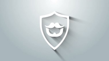 Beyaz Bıyık ve sakal, gri arka planda izole edilmiş kalkan simgesinde. Berber dükkanı sembolü. Yüz kılı stili. 4K Video hareketli grafik canlandırması