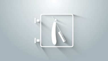 Gri arka planda jilet simgesi olan beyaz berber dükkanı. Kuaför logosu ya da tabela. 4K Video hareketli grafik canlandırması