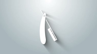 Gri arkaplanda beyaz düz jilet simgesi izole edildi. Berber dükkanı sembolü. 4K Video hareketli grafik canlandırması