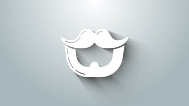 Beyaz Bıyık ve sakal ikonu gri arka planda izole edilmiş. Berber dükkanı sembolü. Yüz kılı stili. 4K Video hareketli grafik canlandırması