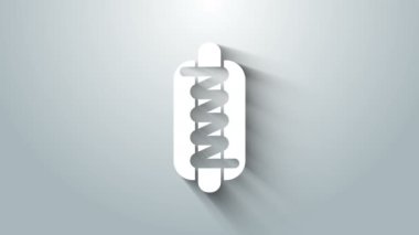 Gri arkaplanda hardal simgesi olan beyaz sosisli sandviç. Sosis ikonu. Fast food burcu. 4K Video hareketli grafik canlandırması