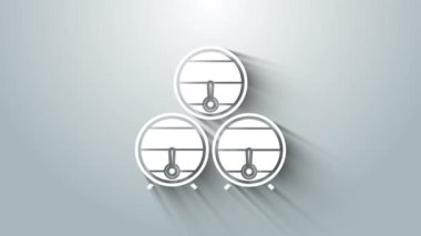 Askıda beyaz ahşap varil ve gri arka planda durdurma simgesi var. 4K Video hareketli grafik canlandırması