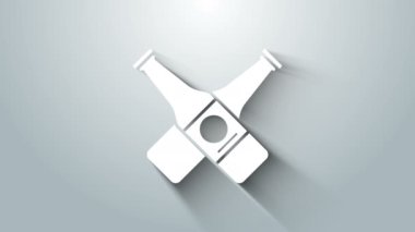 Gri arka planda beyaz haçlı bira şişesi ikonu var. 4K Video hareketli grafik canlandırması