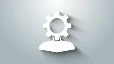 Beyaz insan, gri arka planda izole edilmiş bir ikonun içindeki ekipmana sahip. Yapay zeka. Beyin işaretini düşünüyorum. Beynin sembol çalışması. 4K Video hareketli grafik canlandırması