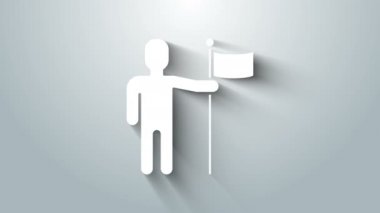 Beyaz adamın elinde gri arka planda izole edilmiş bayrak simgesi var. 4K Video hareketli grafik canlandırması