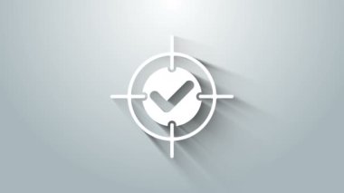 Gri arkaplanda beyaz hedef ve işaretleme simgesi izole edildi. Dart tahtası işareti. Okçuluk tahtası simgesi. Dartboard işareti. İş hedefi kavramı. 4K Video hareketli grafik canlandırması