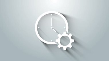 Beyaz Zaman Yönetimi simgesi gri arkaplanda izole edildi. Saat ve vites tabelası. Üretkenlik sembolü. 4K Video hareketli grafik canlandırması