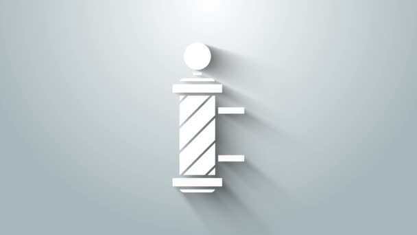 White Classic Barbeiro ícone pólo loja isolado no fundo cinza. Símbolo do poste da barbearia. Animação gráfica em movimento de vídeo 4K — Vídeo de Stock