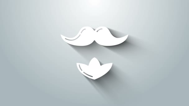 Icono de bigote blanco y barba aislado sobre fondo gris. Símbolo de barbería. Estilo de pelo facial. Animación gráfica de vídeo 4K — Vídeos de Stock